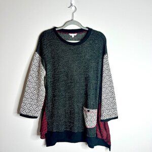 John Mark Sedona Pullover Patchwork Sweater Mixed Print Shark Bit Hem Lagenlook